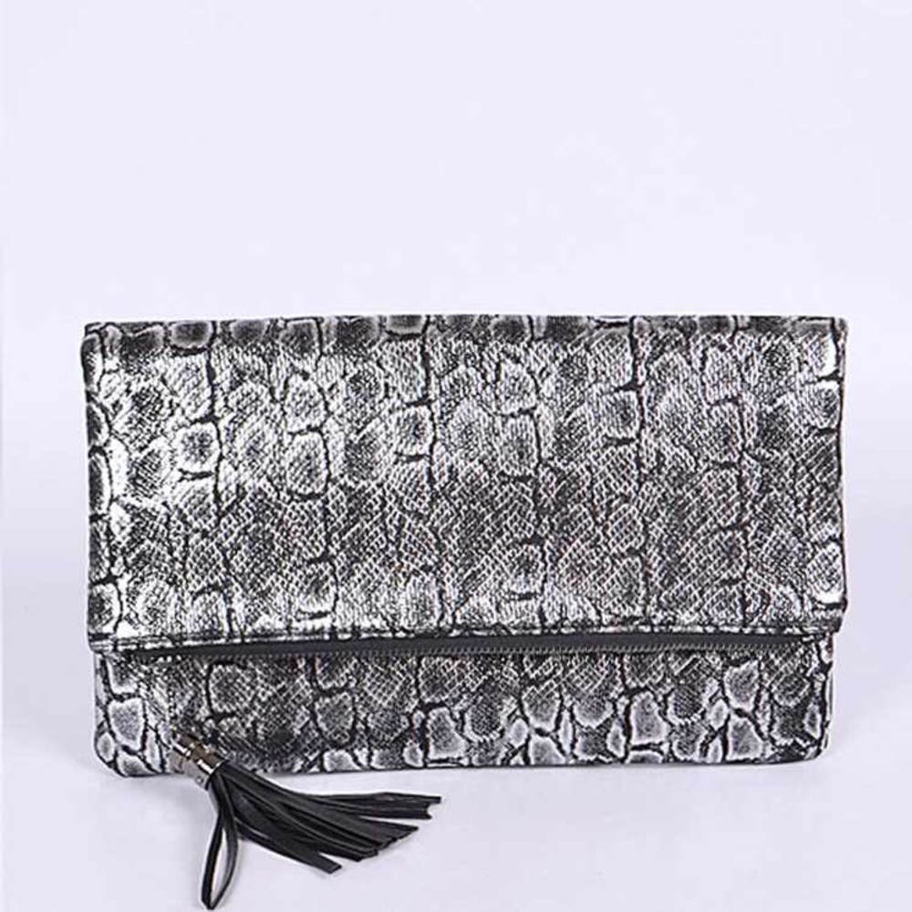 Metallic Snakeskin Animal Print Envelope Clutch Bag W/ Chain Strap